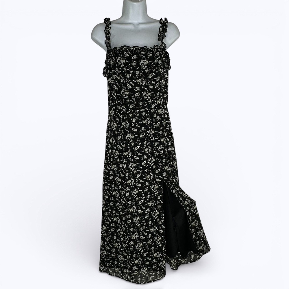 Etophe Studios Black Floral Maxi Dress Ruffle Smocked Slit Fairy Grunge‎ Sz S